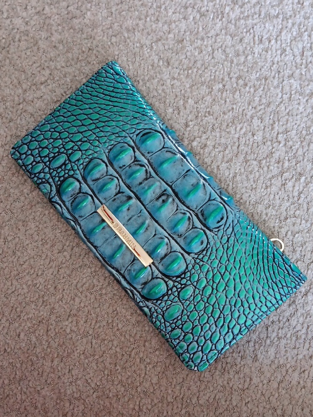 Brahmin Teal Croc-Embossed Long Wallet with Gold Plaque